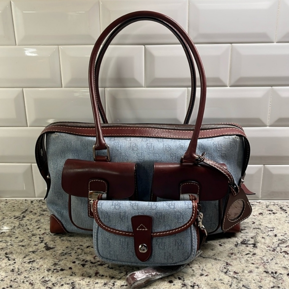 Dooney & Bourke Denim Double Pocket Tote, Wristlet and Frame Charm Set EUC